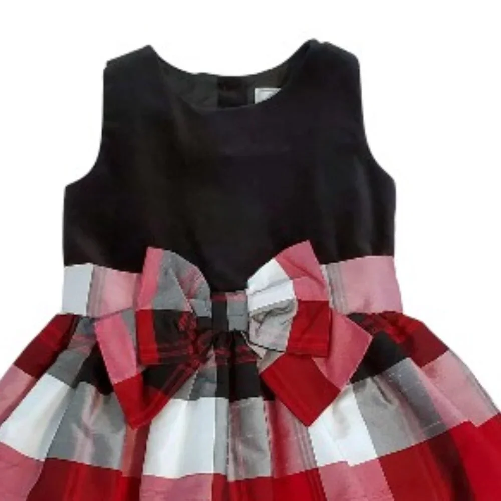 Girls Black Bodice Red Plaid Holiday Dress with Bow
